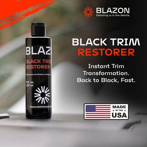 BLAZON Black Trim Restorer (8 oz) Max Strength Dye-Infused Solution Restores Faded Black Plastic Car Trim to Like New Finish in Seconds, Covers Scratches & Scuff Marks, UV Ray Protection, Long Lasting