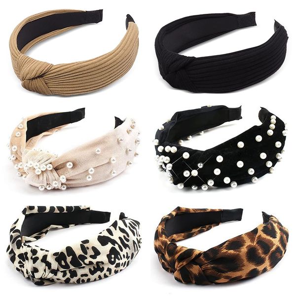 Headbands for Women’s Hair Pearl Leopard Knotted Elastic Headband Hair Bands Hairbands Twisted Headwrap Ear Wide Hair Hoops Accessories for Girls Adult Women Cute Knot Head Band 6 Packs (A, One Size)