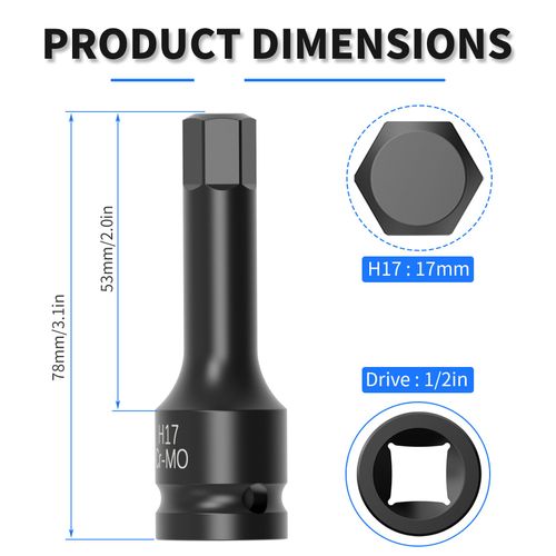 Skweawert 17mm Hex Impact Bit Socket, H17 1/2" Drive Impact Allen Bit Socket 78mm Length SAE Cr-V Steel One-Piece Construction Black Hex Bits