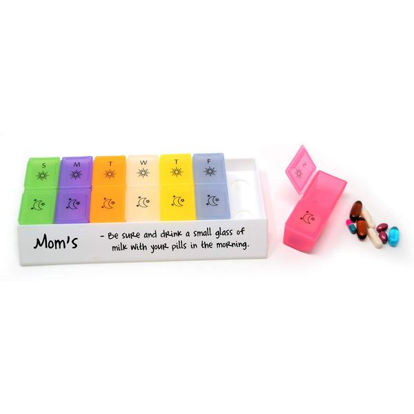 MedWrite AM/PM - 2 Times a Day Weekly Pill Organizer with Removable Daily Pill Boxes in Storage Tray - Writable Surface on Tray for Medication Instructions and Notes - by Pill Thing (Jumbo, Rainbow)