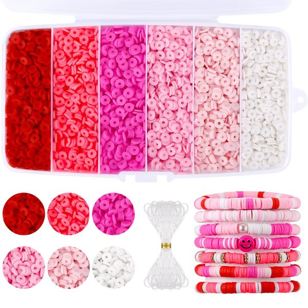 6000 Pcs Flat Clay Beads Pink, Funtopia Clay Beads for Bracelets Making, Heishi Beads Polymer Clay Beads kit for Jewelry Making (6mm)