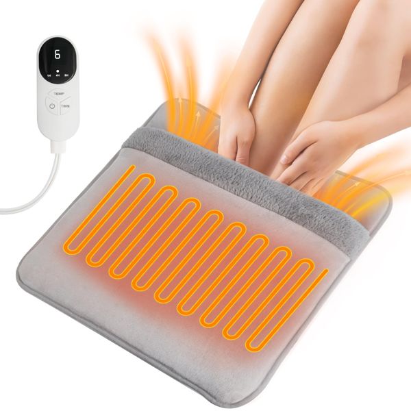 Electric Foot Warmer for Feet, Double-Sided Heating Pad with 6 Heat Levels & 3 Timers, Fast Heating, Machine Washable, Ideal for Bed, Office, Under Desk, Gift for Women & Men(Gray)