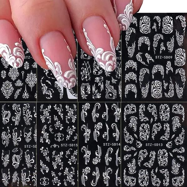 Flower Nail Art Stickers Decals, 8 Sheets 5D Engraved Flower Nail Decals White Wedding Nail Art Accessories French Tips Nail Designs Self Adhesive Lace Flower Carving Nail Stickers for Women Girls