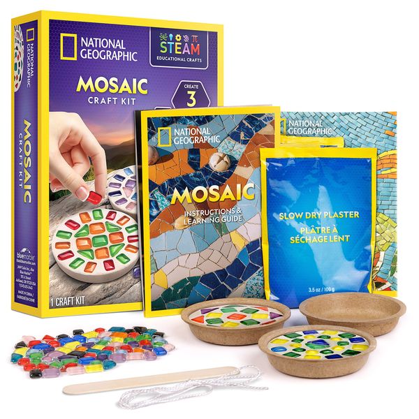 NATIONAL GEOGRAPHIC Mosaic Arts and Crafts Kit for Kids - Mosaic Kit for Creating 3 Glass Tile Mosaic Art Projects, includes Glass Tiles, Templates, Plaster & More, Art Supplies, Mosaic Kits for Kids