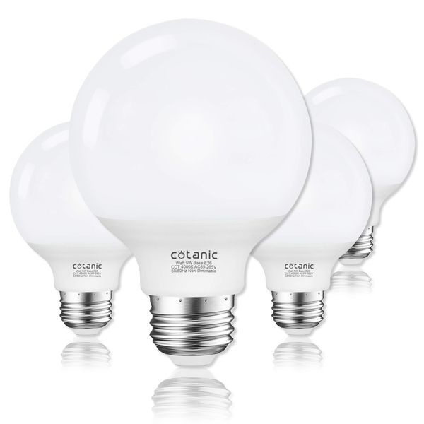 Cotanic G25 LED Globe Light Bulbs, 5W Vanity Light Bulb (60W Equivalent),Daylight 4000K,Non-dimmable Makeup Mirror Lights for Bedroom,Led Bathroom Light Bulbs,E26 Medium Screw Base,500lm,Pack of 4