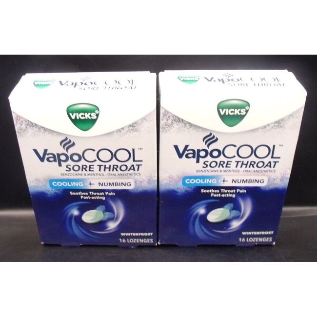 2 Vicks VapoCool Sore Throat Cooling Numbing Lozenges Winterfrost 16ct exp10/24+