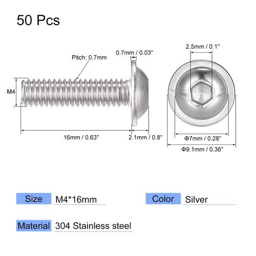 uxcell Flanged Button Head Screw, Socket Cap Screw, Fastener Bolt, Full Thread, Machine Screw, Hex Socket Screw M4 x 16 mm, 304 Stainless Steel, 50 Pieces