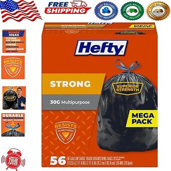 56 Count Strong 30-Gallon Puncture Resistant Trash Bags with Drawstring Closure