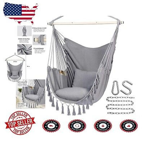 Easy to Install Hammock Chair with Large Cushions and Side Pocket in Light Grey