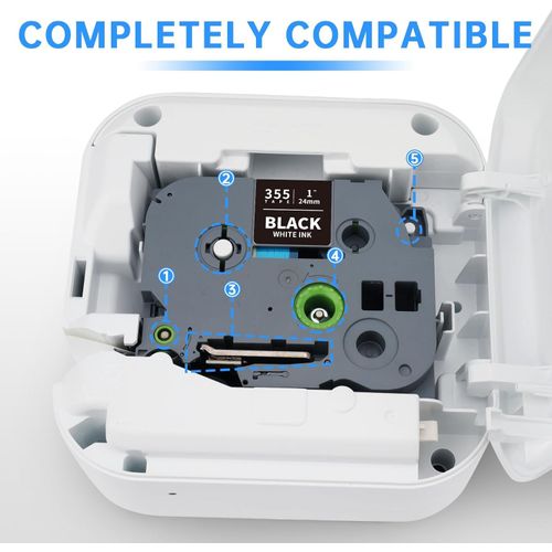 Unismar TZe-355 Compatible for Brother Ptouch 24mm 0.94 Laminated White on Black Label Tape TZ355 TZ Tape Work for PTD600 PT-P700 PT-2430PC PT-D600VP PT-D800W PT-P900W Label Maker, 1'' x 26.2', 4-Pack