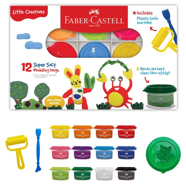 Faber-Castell Little Creatives Super Soft Modeling Dough - 12 Colors: Classic & Neon + Sculpting Tools, Learn & Play Non Toxic Playdough Kit for Toddlers, Preschool Ages 3+