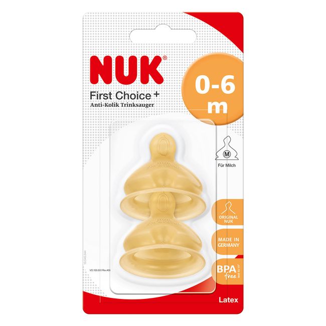 NUK First Choice+ Baby Bottle Teat, 0-6 Months, Latex with Medium Feed Hole, Anti-Colic, 2 Count