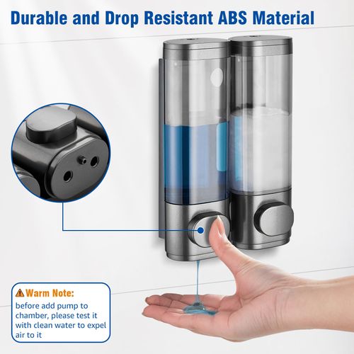 Shampoo and Conditioner Dispenser 2 Chamber No Drill, Shower Soap Pump Dispenser Wall Mounted, Body Wash Dispenser for Shower, Shower Gel Dispenser Shampoo Holder for Bathroom Accessories, Gungrey