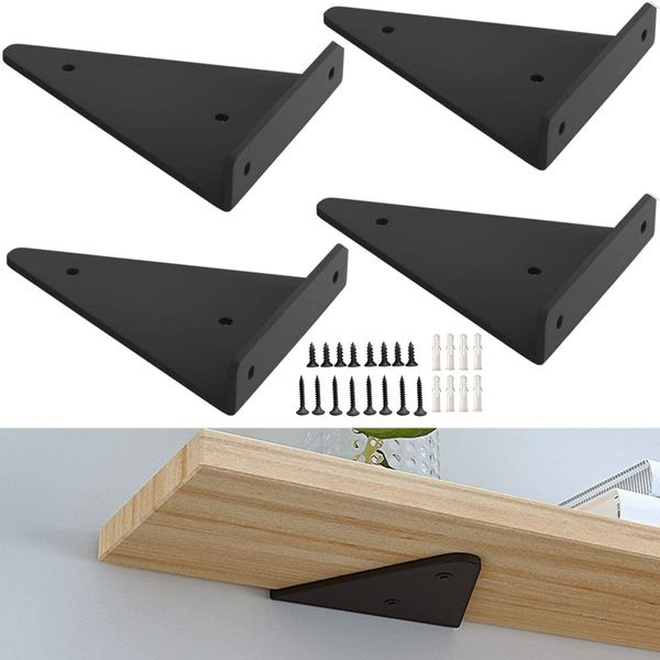 Black Shelf Bracket , 4 Pcs 6" ,Shelf Supports - Hidden Brackets for Floating Wood Shelves - Concealed Blind Shelf Support – Screws and Wall Plugs Included