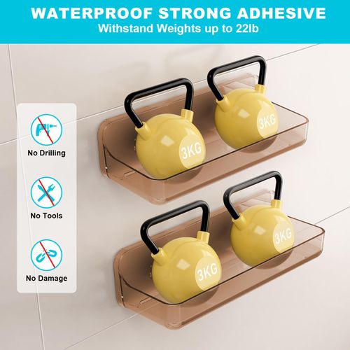 CGBE 2-Pack Acrylic Shower Shelves, Large Capacity Adhesive Shower Shelf, No Drilling Adhesive Bathroom Shelf with Drain Holes,Clear Wall Mount Organizer for Bathroom Storage (Amber)