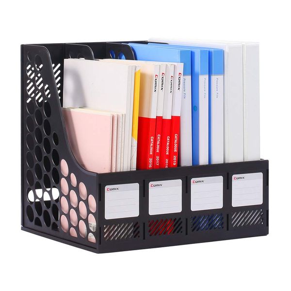 Comix Magazine File Holder, Sturdy Plastic Desk Organizers and Storage File Folder for Office Organization, Binder Organizer with 4 Compartments Storage Organiser Box