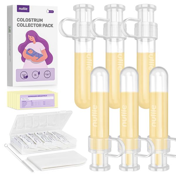 Nuliie Colostrum Collector Kit 7ml/6pcs, Leakproof, Reusable Breast Milk Collector, Heat & Freezer Resistant, BPA-Free, With Cotton Cloth Wipe, Storage Case, Cleaning Brush - Ready-to-Use for Newborns