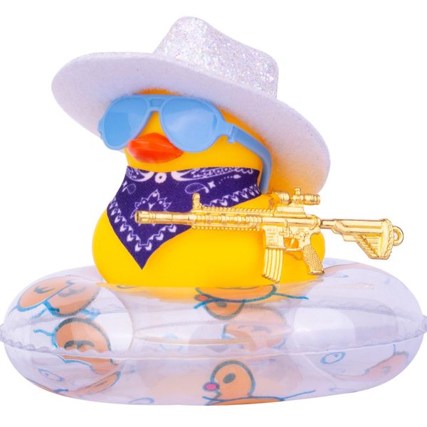 MuMyer Cowboy Rubber Duck Car Dashboard Ornament Accessories with Mini Glitter Cowboy Hat Swim Ring Scarf, Cool Prop and Sunglasses(Hf23)