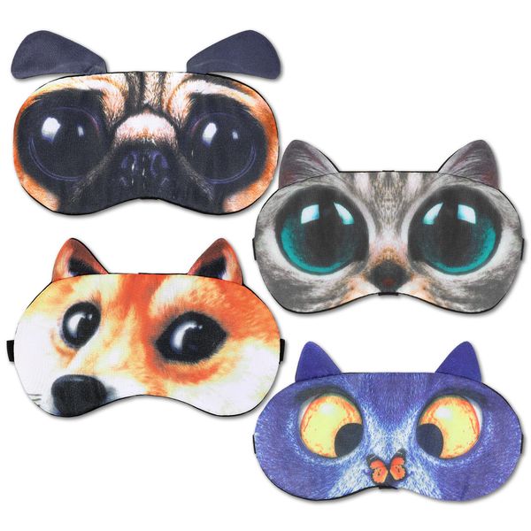 Dimeho 4 Pcs Funny Sleep Mask Cute Animal Blindfolds Soft Adjustable Sleeping Eyeshade Travel Nap Eye Cover for Men Women Plane Game Night Sleeping Cat Dog Pattern