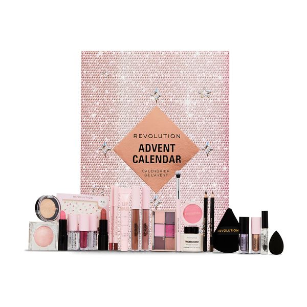 Revolution Beauty Calendario dell'Avvento di 24 prodotti, set regalo con lucidalabbra, maschere per labbra, pennelli e gel per sopracciglia, vegan e cruelty free