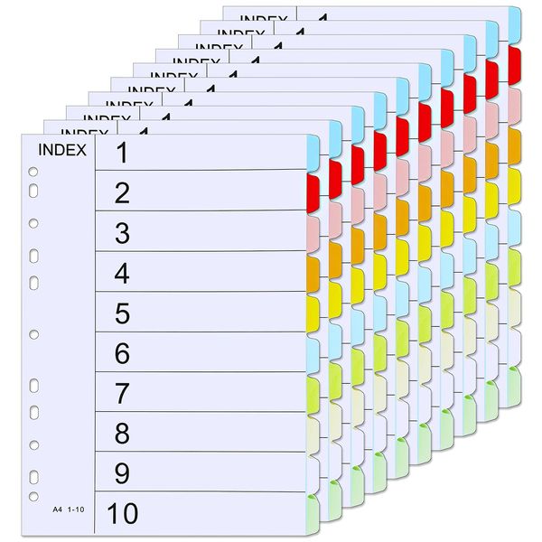 File Dividers A4, 10 Pack 10 Part Folder Dividers Coloured Multi Hole Punched A4 Dividers Tabbed Index Divider for Lever Arch Files Ring Binders Office School Index Dividers