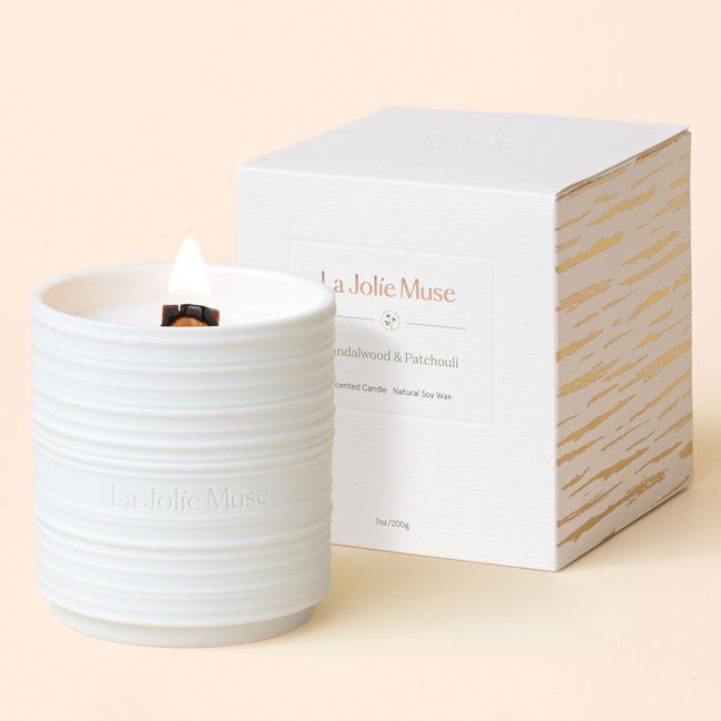 LA JOLIE MUSE Sandalwood and Patchouli Scented Scented Wood Wick Natural Soy Wax Pottery Can 220g Burning Time 50 Hours Gift for Women