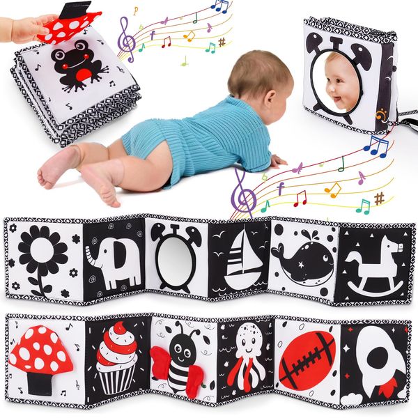 Black and White High Contrast Toys for Baby 0-3 3-6 Months Infant Tummy Time Soft Book Sensory Musical Toy 0-2-4-6 Month Babies Brain Development Montessori Crinkle Book Mirror Newborn Shower Gifts