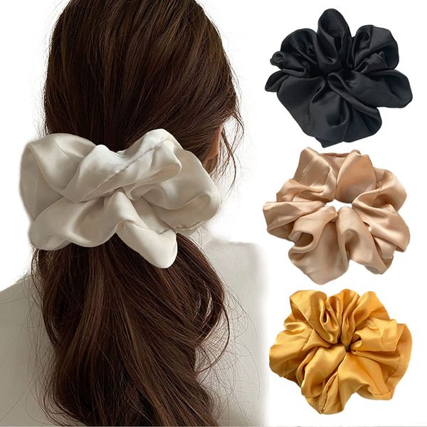 XINGNIAO 4 Stück Gewaltig Seiden Scrunchies Übergroße Scrunchies für Dickes Haar Satin Scrunchies Haargummis für Damen(Schwarz/Beige/Khaki/Kurkuma)