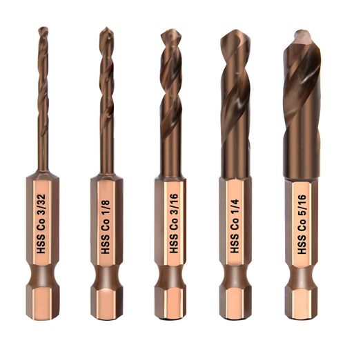 FiLwW M35 Cobalt Stubby Drill Bit Set, 3/32"-1/8"-3/16"-1/4"-5/16" 5PCS HSS Metal Drill Bits with 1/4" Hex Shank for Stainless Steel, Cast Iron, Aluminum and Other Hard Metals