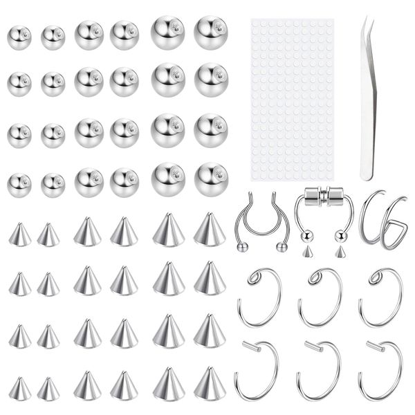 wimony Fake Eyebrow Ring Fake Lip Labret Studs Replacement Balls Spike with 200Pcs Sticker Fake Lip Piercing Non-Piercing Nose Rings Hoop Body Jewelry Fake Lip Ring Fake Skin Piercing 3MM 4MM 5MM