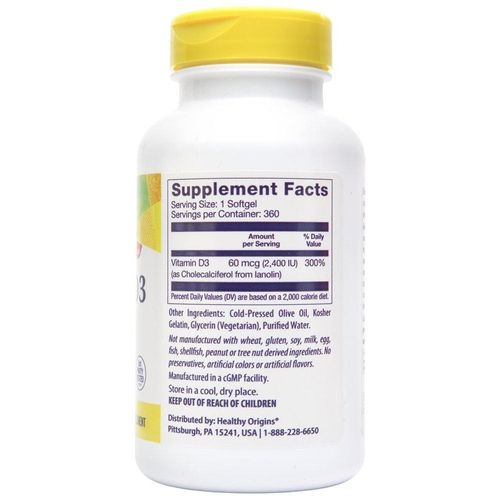 Healthy Origins Vitamin D3 High Potency 2400IU Softgels, 360 Tablets, 1 Pack