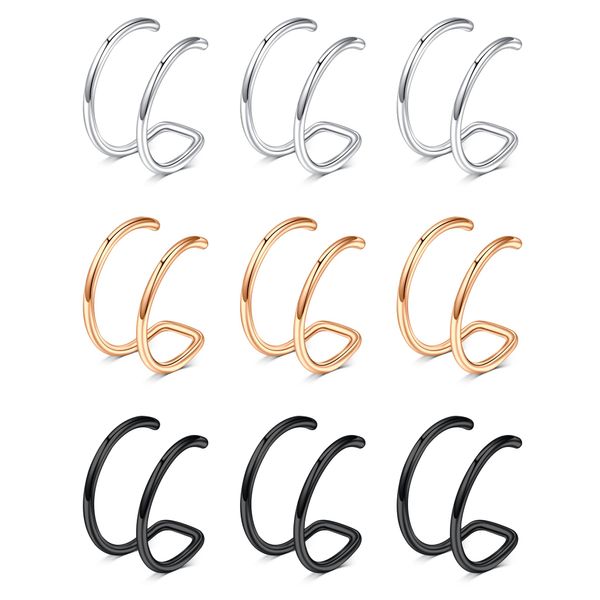 D.Bella Fake Nose Ring Hoop Double Hoop Faux Nose Piercing Stainless Steel Faux Nose Ring Non Piercing Lip Ring Ear Cuff Clip on Helix Cartilage Earring