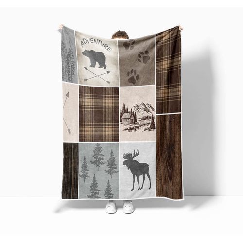 Bzhilja Cabin Rustic Throw Blankets, Bear Deer Country Hunting Wild Animal Lodge Cozy Warm Bed Couch Blanket, Plaid Check Adventure White Fleece Flannel Throws to Decorate The Room and Bedroom