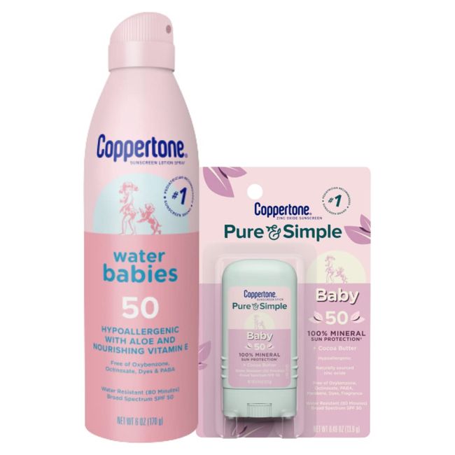 Coppertone WaterBabies Sunscreen Spray, SPF 50 Baby Sunscreen, Spray On Sunscreen, 6 Oz and Pure and Simple Sunscreen Stick, SPF 50, 0.49 Oz