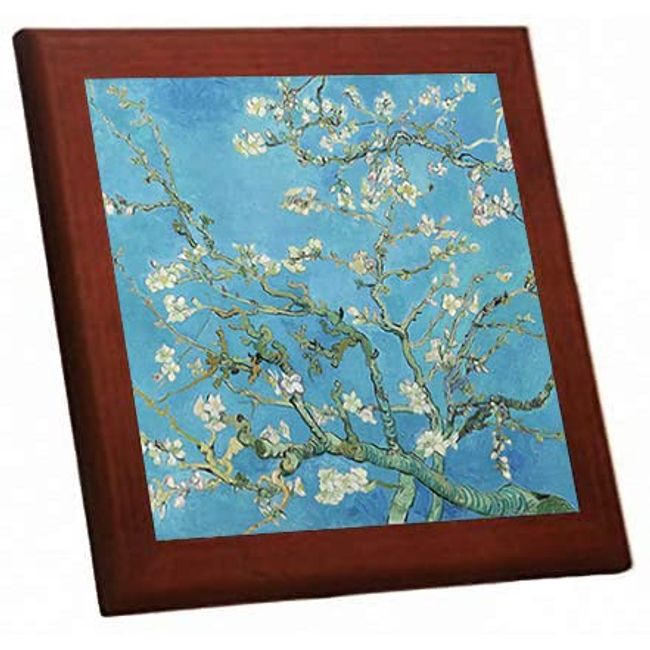 Vincent Van Gogh Blooming Almond Tree Branches Photo Tile with Wood Frame (World Masterpiece Series) (C)