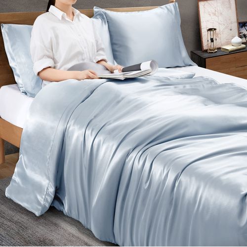 Ersmak 60" x 80" Duvet Cover for Weighted Blanket, Silky & Removable Satin Duvet Cover with Zipper & 8 Ties Secure Fastening, Baby Blue