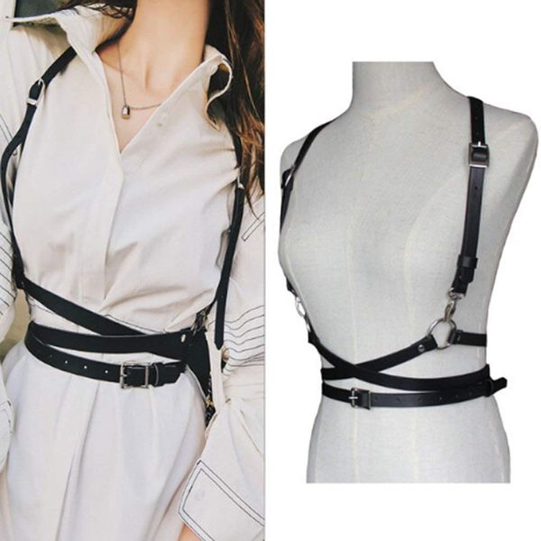 BEE & BLUE Harness Belt Harness Women Suspenders Cross Belt Waist Harness PU Leather Black Camel Adjustable, Black