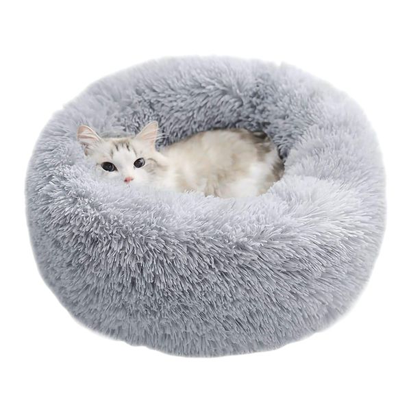 Epochtech Pet Bed for Cats, Puppies, and Dogs, Pet Cushion, Fluffy, Round, Warm, Non-Slip, Cold Protection, Washable, Available in Different Sizes/Colors, 15.7" (40 cm), Light Gray, Removable Cover