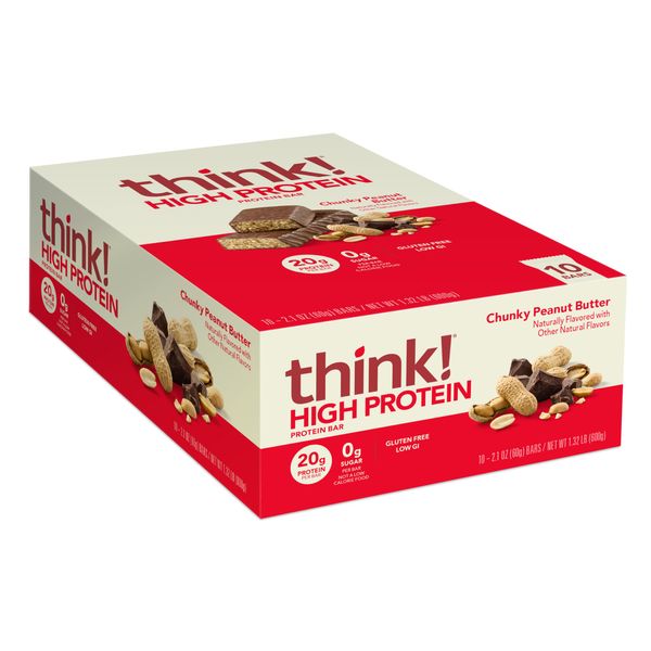 think! Protein Bars, High Protein Snacks, Gluten Free, Kosher Friendly, Chunky Peanut Butter, Nutrition Bars, 2.1 Oz per Bar, 10 Count (Packaging May Vary)