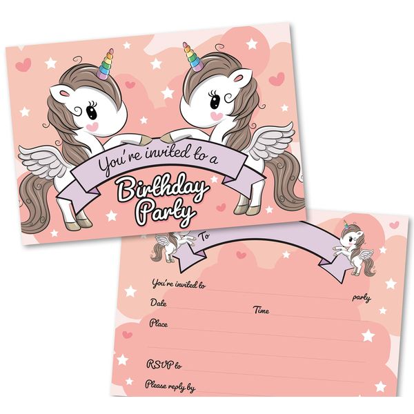 Party Invitations Pack of 36. Unicorn themed invitation with matching envelopes. 120 x 172mm. Party Invites, Birthday Party Invitations. Suitable for Girls. Designed and Printed in UK.