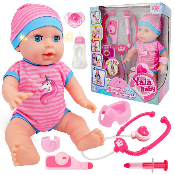 SMILESSKIDDO Baby Doll Play Set with Bottle, Pacifier, Doctor Kit Pretend Role Play Accessories – 14” Interactive Dolls for Ages 3 4 5 6+ Years Old Girls Kids in Gift Box