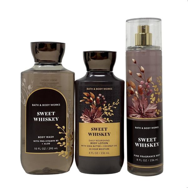 Bath & Body Works - Sweet Whiskey - 3 pc Bundle Trio -Shower Gel, Fine Fragrance Mist and 24-Hour Moisture Body Lotion - Fall 2021