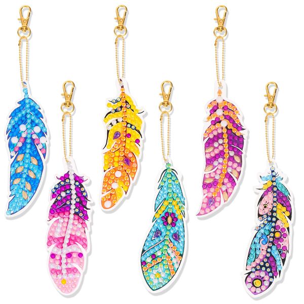 JSRQT 6 Pcs Diamond Art Painting Keyrings, DIY 5D Diamond Pasted Keychains Feather Pattern, Full Drill Diamond Keyrings Pendant, Double-Sided Rhinestone Keychains Set, for Purse, Bag