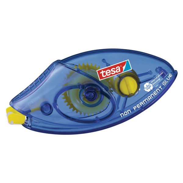 tesa UK 8.5 m x 8.4 mm Non-Permanent Glue Roller ecoLogo, Disposable and Repositionable, Blue/Yellow, Pack of 1