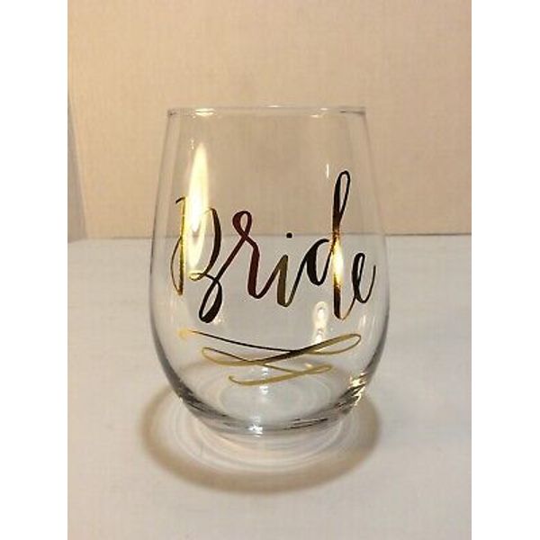 “Bride” Stemless Wine Glass Goblet Clear With "bride" in gold Wedding-18 oz