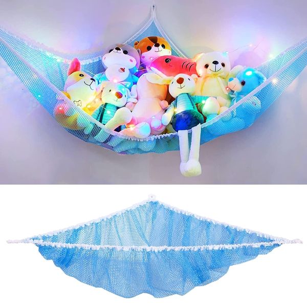 Kireida® 180x120x120cm Farbe Stofftier-Netz oder Hängematte mit LED-Licht, zum Aufhängen, Spielzeugnetz, Hängematte für Stofftiere, Aufbewahrung von Sachen, Tieren, Blau