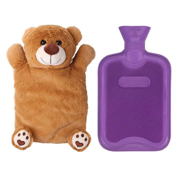 HomeTop Premium Classic Rubber Hot or Cold Water Bottle with Cute Stuffed Animal Cover (2 Liter, Purple)