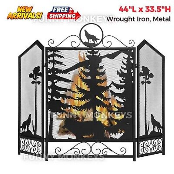 3 Panel Fireplace Screen Wolf Design Spark Guard Cover Baby Safe Christmas Decor