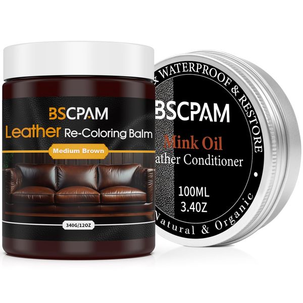 BSCPAM Leather Recoloring Balm & Mink Oil Leather Conditioner kit, Leather Color Repair Kits for Couches, leather Couch paint Scratch Repair for Furniture Car Sofa Shoes Leather Dye-Medium Brown