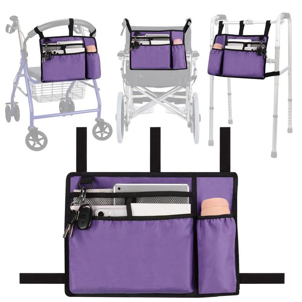 supregear Walker Bag with Cup Holder, Water-Resistant Wheelchair Pouch Folding Walker Accessory Basket for Wheelchairs, Rollators, Scooters (Light Purple)